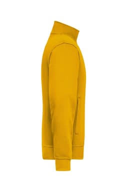 A yellow workwear sweat jacket featuring a zip pocket and a high collar, with a logo on the side.