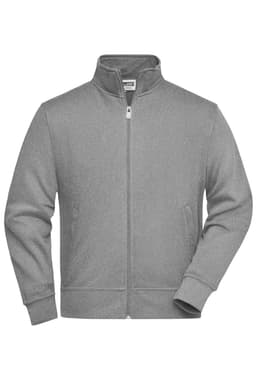 A grey workwear sweat jacket with a zip front and stand collar, featuring side pockets and a logo on the chest.