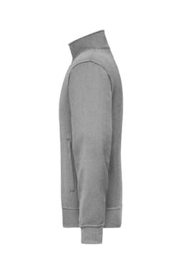 A grey workwear sweat jacket featuring a high collar and side pockets, with a logo displayed.