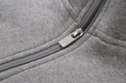 A grey workwear sweat jacket featuring a zip closure and a logo.