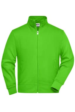 A bright green workwear sweat jacket featuring a stand-up collar and zip closure, with side pockets and a logo.