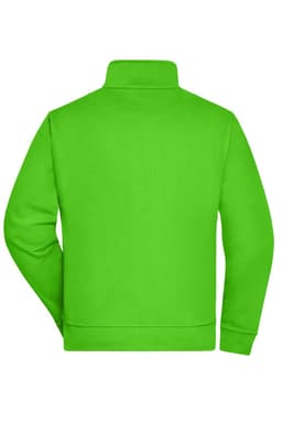 A bright green workwear sweat jacket with a high collar and long sleeves, featuring a logo on the back.