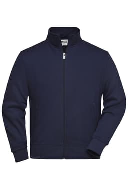 A navy blue sweat jacket with a zip front and side pockets. The jacket features a collar and has a logo.
