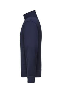 A navy blue workwear sweat jacket with a high collar and long sleeves, featuring side pockets and a logo.
