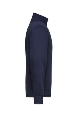 A navy workwear sweat jacket with a high collar and zippered pockets, featuring a logo on the side.