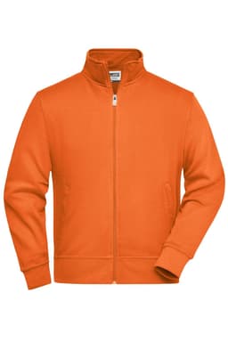 An orange zip-up work jacket with a high collar and side pockets, featuring a branding logo.