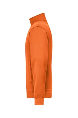 An orange workwear sweat jacket with a high collar and a zippered side pocket. It features a logo on the fabric.