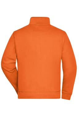 An orange sweat jacket with a high collar and a plain back view. The jacket features a logo on the side.