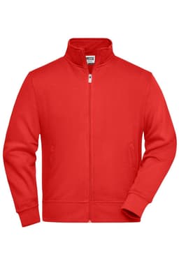 A red Workwear Sweat Jacket with a zip front, high collar, and side pockets, featuring a logo.