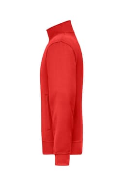 A red workwear sweat jacket featuring a high collar and side pockets, with a logo on the chest.