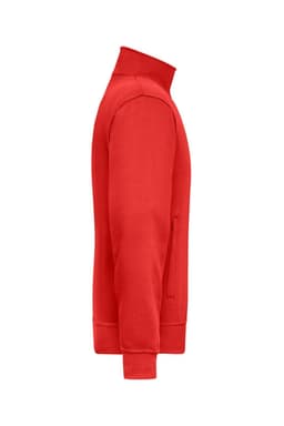 A red sweat jacket with a zippered front and a high collar, featuring a side pocket and a brand logo.