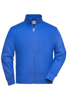 A royal blue workwear sweat jacket with a full zip and two side pockets, featuring a collar and branding.