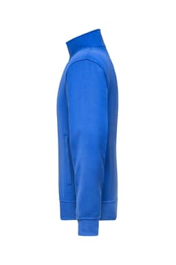 A blue workwear sweat jacket with a high collar and front zip pocket, featuring a logo on the chest.