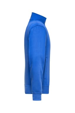 A blue Workwear Sweat Jacket featuring a high collar and side pockets, designed for comfort and practicality.