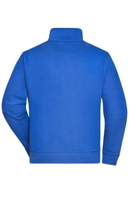 A blue workwear sweat jacket with a high collar and long sleeves, featuring a logo on the back.
