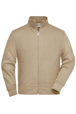 A tan workwear sweat jacket featuring a zip front and a high collar, with side pockets and a branding logo.