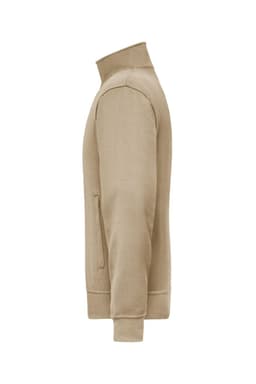A tan workwear sweat jacket displayed from the side, featuring a zip pocket and a high collar.