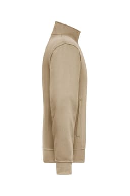 A beige workwear sweat jacket with a high collar and side pockets, featuring a logo on it.