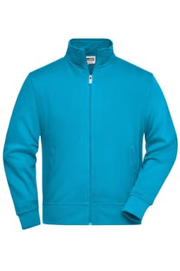 A blue sweat jacket with a zip closure and side pockets, featuring a collar and an interior tag.