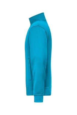 A turquoise workwear sweat jacket with a high collar and a zip pocket on the side.