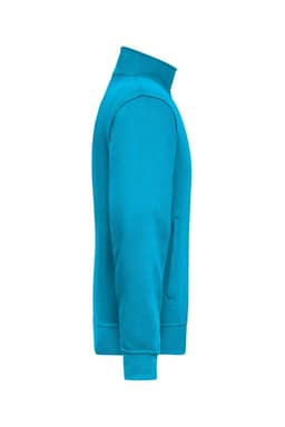 A turquoise workwear sweat jacket with a zippered pocket and a high collar, featuring a logo.