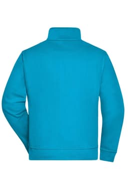 A turquoise workwear sweat jacket with a high collar and long sleeves, featuring a logo on the back.