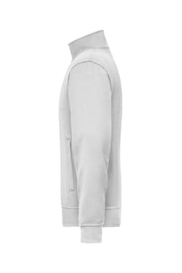 A grey workwear sweat jacket with a high collar and side pocket. It features a simple design and has branding.