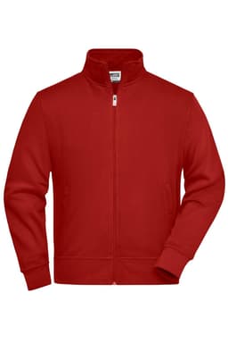 A red workwear sweat jacket with a zip front and two side pockets, featuring a logo on the left chest area.