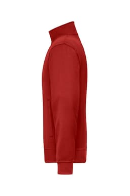 A red sweat jacket with a zippered front, high collar, and long sleeves, featuring a side pocket and a logo.