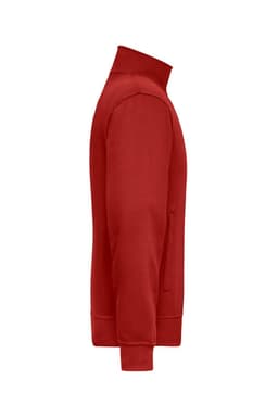 A red workwear sweat jacket with a high collar and zippered pockets, featuring a logo.