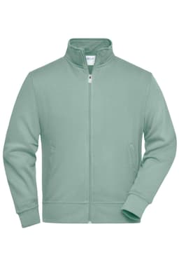 A green sweat jacket with a zip front, high collar, and side pockets, featuring a small logo.
