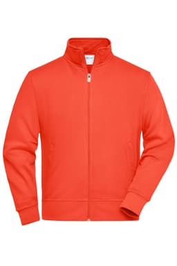 An orange work jacket with a high collar and front zip, featuring side pockets and a logo.