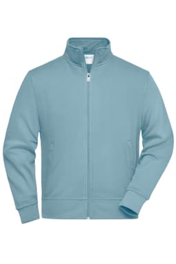 A light blue workwear sweat jacket with a zip front and side pockets, featuring a collar and a logo.