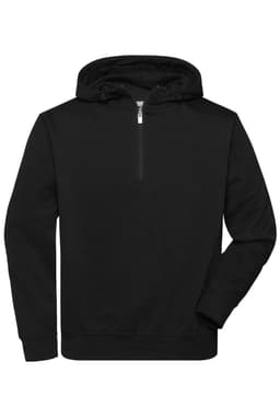 A black half zip hoodie featuring a hood and long sleeves, with a logo on the front.