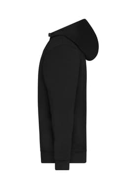 A black half-zip hoodie with a hood, featuring a side view silhouette and a logo.