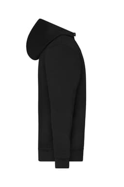 A black half zip hoodie with a hood, featuring long sleeves and a fitted silhouette.
