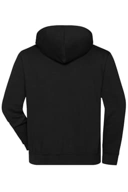 A black half zip hoodie with a hood and a logo on the back, designed for workwear.