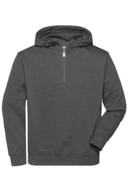 A dark grey half zip hoodie featuring a hood and long sleeves, with a branding logo.