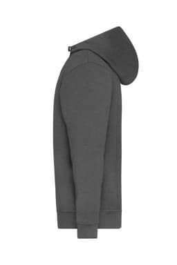 A grey half zip hoodie with a hood, featured from the side, with a logo visible.