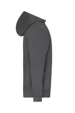 A grey half zip hoodie featuring a hood and long sleeves, with a small logo on the garment.