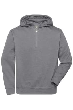 A grey half-zip hoodie made from workwear material, featuring a hood and a front pouch pocket.
