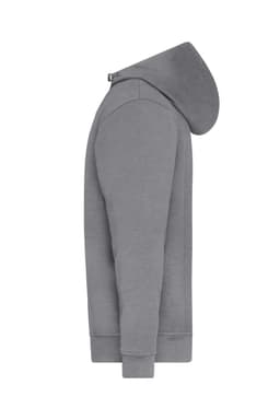 A grey half zip hoodie featuring a hood and long sleeves, with a logo on the side.