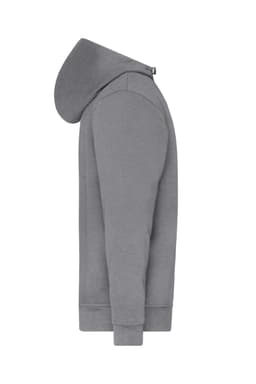 A grey half-zip hoodie featuring a hood and long sleeves, with a simple design and a branding logo.