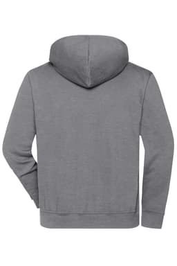 A grey half zip hoodie featuring a hood at the back, with a logo on the garment.