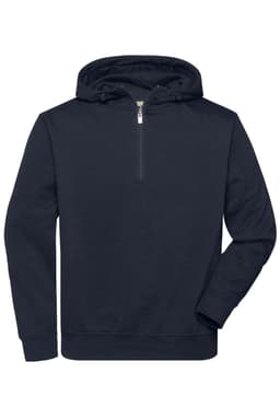 A navy half zip hoodie made from workwear material, featuring a front pocket and a hood. It includes a logo.
