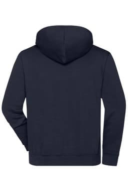 A navy half zip hoodie with a hood and a simple design, featuring branding on the back.