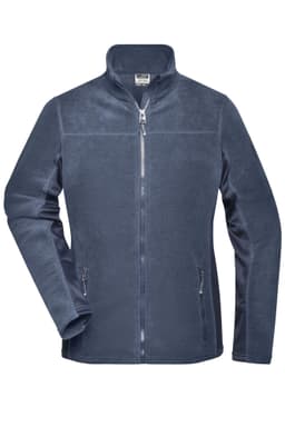 A navy fleece jacket with a full zip, two front pockets, and a collar. It features a logo on the chest.
