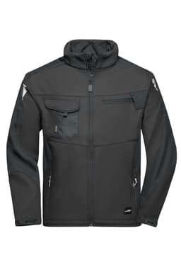 A dark grey softshell jacket with multiple zippered pockets and a hood, featuring a logo on the lower area.