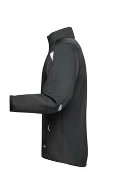 A softshell work jacket in black with grey accents and a branding logo, featuring a zip closure and side pockets.