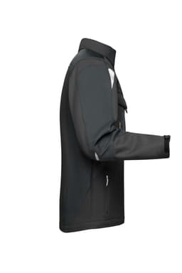 A black and grey softshell jacket features a zippered pocket and a logo on the chest.